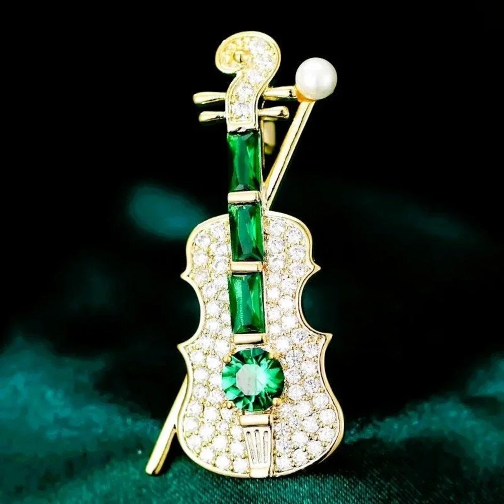 Brooch Green‎ & Gold Rhinestone Violin Pin